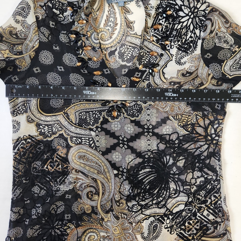 Hale Bob Lounge XS Black Paisley Beaded Sheer Silk Blouse Flowy Velvet Embossed - Picture 6 of 11